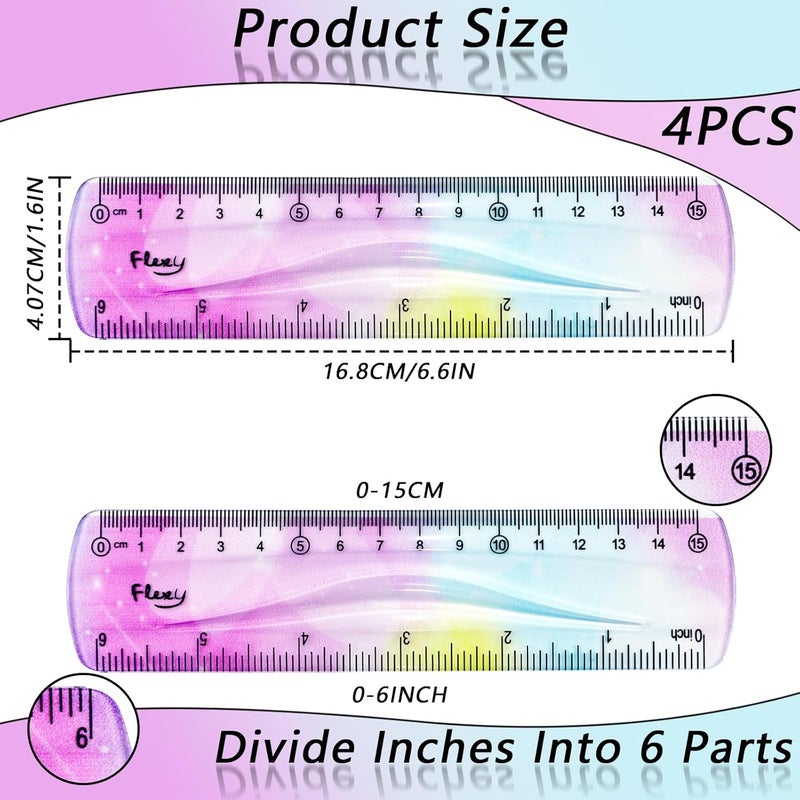 OXDFK 4 PCS 6 Inch Flexible Ruler, Bendable Plastic Ruler, Soft Bendable Gradient Colour Rulers with Centimeters and Inches for Student School Classroom Office Supplies - Image 2